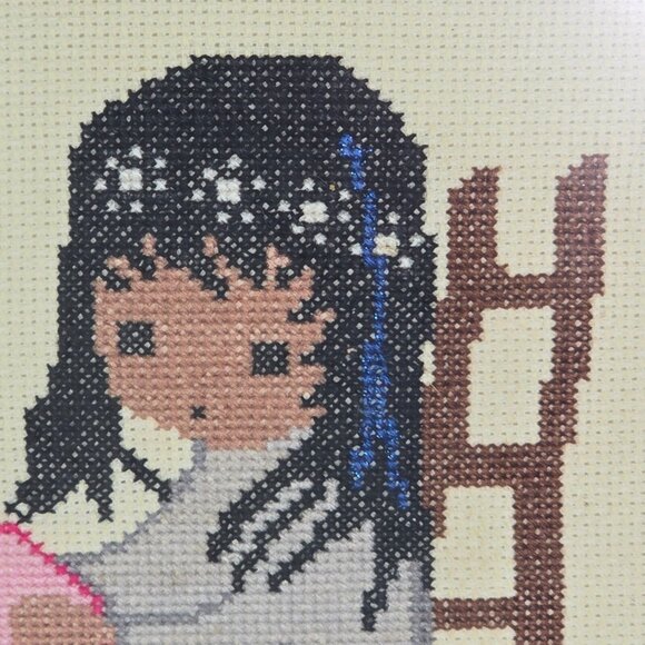 Sundance Tish Cassandra Needlepoint Canvas DeGrazia Girl Sewing Framed Completed - Picture 2 of 12
